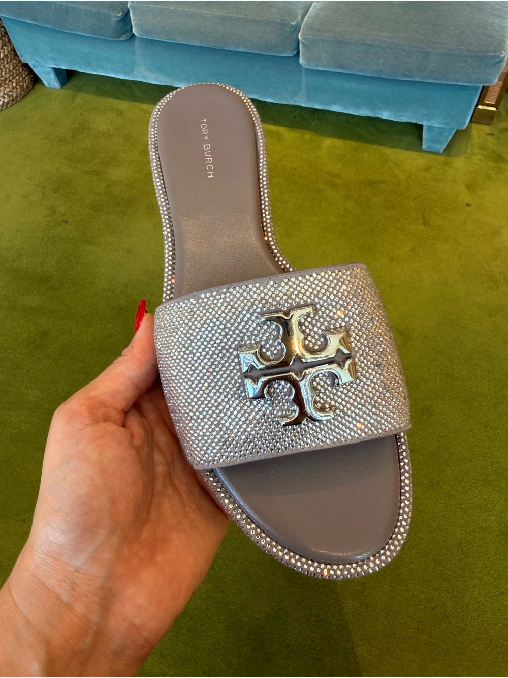$375‎ Tory Burch Everly Rhinestone Slide Sandals, Dark Clay / Silver, RUNS SMALL